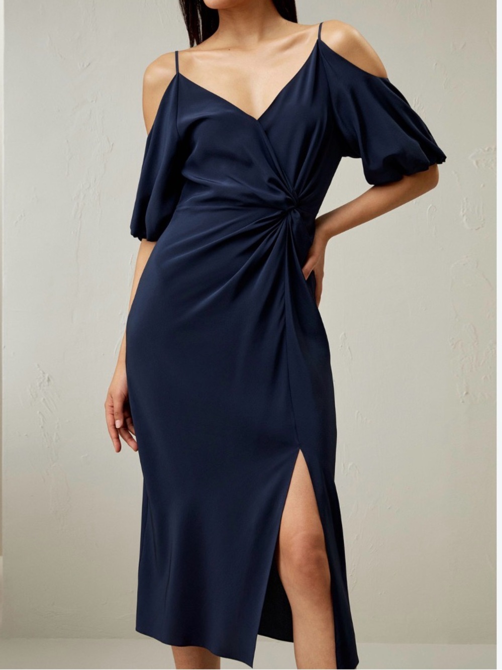 Lilysilk Navy Cold Shoulder Twist Midi Dress Silk Women’s 8 NWT